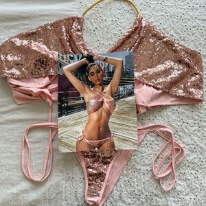 Sequin Halter Bikini Set in Rose Gold - Womens Swim Bikini